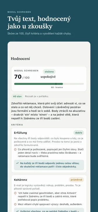 Tvůj text, hodnocený jako u zkoušky — Skóre ze 100, čtyři kritéria a vysvětlení každé chyby.