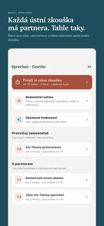 Každá ústní zkouška má partnera. Tahle taky. — Řekni svou část, veď rozhovor a získej hodnocení podle kritérií zkoušky.