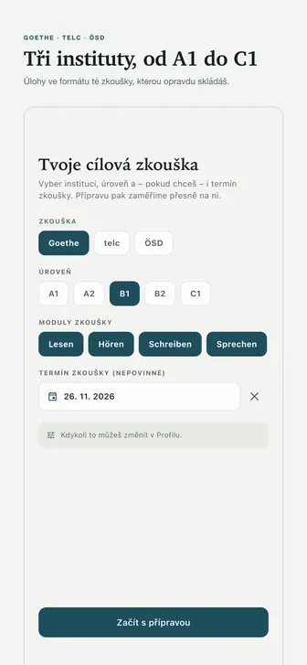 Tři instituty, od A1 do C1 — Úlohy ve formátu té zkoušky, kterou opravdu skládáš.