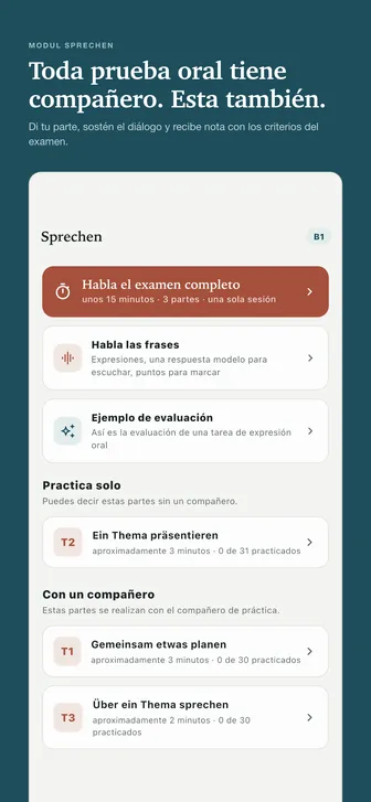 Toda prueba oral tiene compañero. Esta también. — Di tu parte, sostén el diálogo y recibe nota con los criterios del examen.