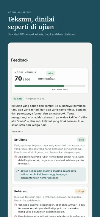 Teksmu, dinilai seperti di ujian — Skor dari 100, empat kriteria, tiap kesalahan dijelaskan.