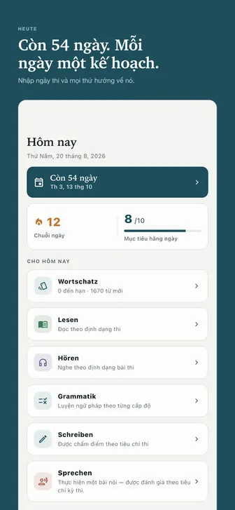 Còn 54 ngày. Mỗi ngày một kế hoạch. — Nhập ngày thi và mọi thứ hướng về nó.